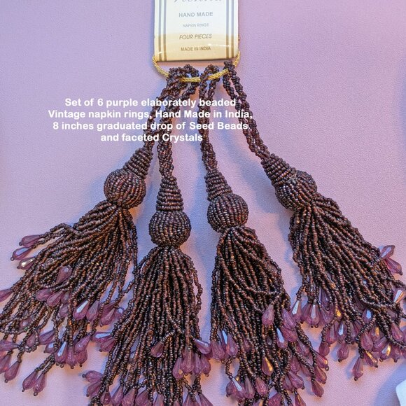 Set of 6 purple lushly beaded VTG napkin rings, Hand Made in India, 8" length - Picture 4 of 15